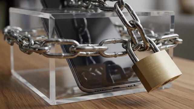 Secure Smartphone in Locked Transparent Box with Chain.