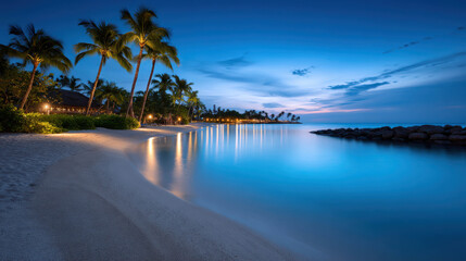 Fototapeta premium Serene Tropical Island Sunset Over Calm Waters Reflecting Soft Lights and Palm Trees in a Cinematic Professional Composition