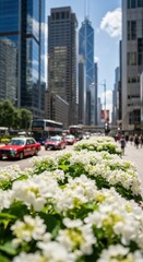 Urban serenity juxtaposed with vibrant city life: Floral beauty against a backdrop of commerce and