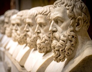 Close-up of numerous marble busts depicting men with beards