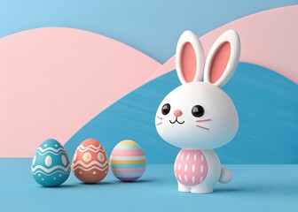 Vertical 3D render. Stylized cute 3D bunny and colorful glossy eggs floating at the bottom	
