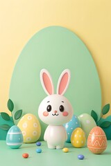 Vertical 3D render. Stylized cute 3D bunny and colorful glossy eggs floating at the bottom	
