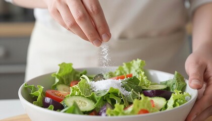 Hands sprinkling salt over a fresh mixed green salad with cucumber, cherry tomatoes and red onion in a white bowl