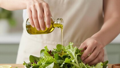 Hands pouring olive oil over a fresh mixed green salad on a kitchen counter, preparing a simple healthy salad dressing
