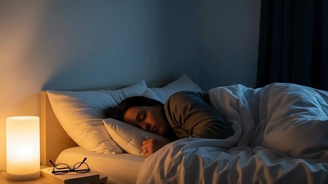 cozy bedroom sleep scene with warm lamp glow, blanket and pillow