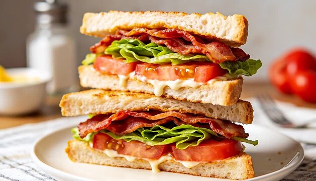 Delicious club sandwich with bacon, tomato, and lettuce, a classic layered meal. club sandwich, bacon, tomato.