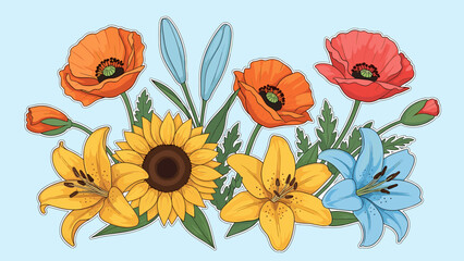 Vibrant Vector Floral Arrangement: Sunflowers, Poppies, and Lilies Illustration on Light Blue Background for Spring and Summer Designs