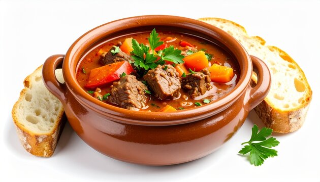 Hearty meat and vegetable stew in brown ceramic crock pot