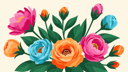 Vibrant Flat Design Floral Bouquet Illustration with Colorful Blooms and Green Leaves