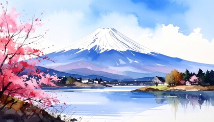 富士山の風景画（春のイラスト素材、静岡、山梨、日本の旅行）