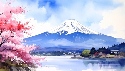富士山の風景画（春のイラスト素材、静岡、山梨、日本の旅行）