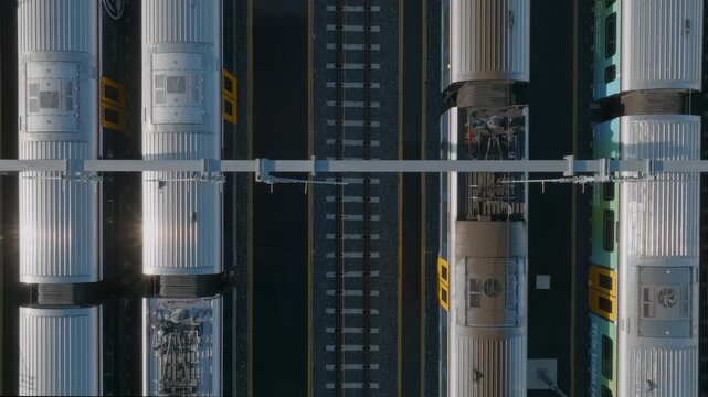 Aerial view of commuter trains parked at a station in Auckland, New Zealand. The trains are silver and blue, and the tracks are black. The scene shows the tops of the trains and the tracks below.