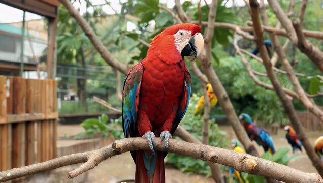 vivid 4k wildlife close up of red lorikeet perched on branch inside aviary at busy public zoo displaying its colorful fea rs lively personality and beauty of exotic