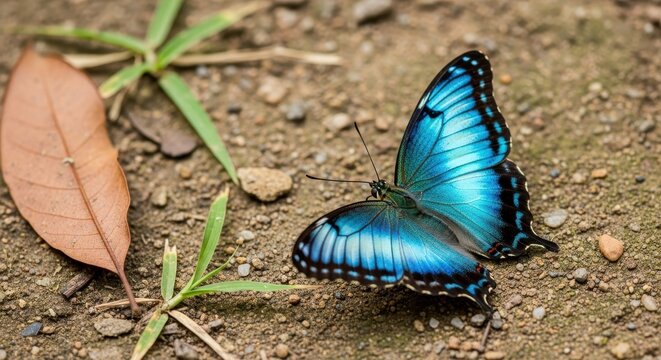 Vibrant blue morpho butterfly resting delicately on earth ground texture with leaves surrounding - Powered by Adobe