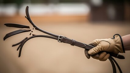 Close up shot of a gloved hand holding a broken horse bridle strap