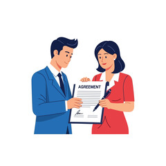 Man and woman signing a formal agreement together in a professional setting