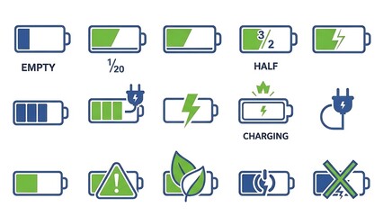 Battery Icons Showing Various Charge Levels and States.
