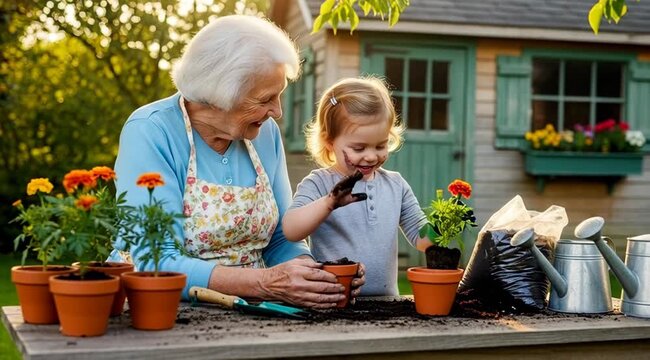 Elderly woman and child gardening together.