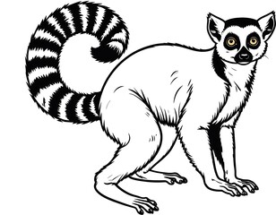 Obraz premium Black and white illustration of a lemur with a striped tail, standing on four legs, eyes forward