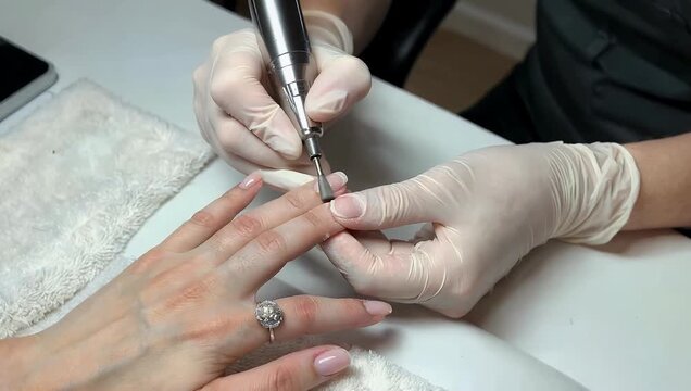 detailed 4k beauty studio clip presenting nail technician using electric file to refine cuticle area during manicure capturing professional care precision tools and clean aes tic of nail