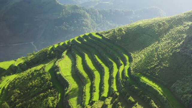 Stunning footage of northern Vietnamese agricultural terraces. Featuring lush green mountain ridges and misty highland vistas captured during a scenic motorbike scouting trip.
