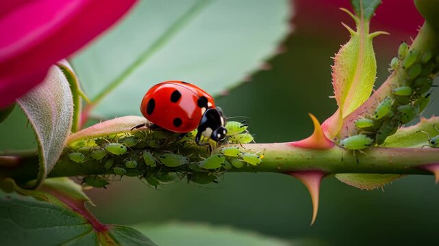 Beneficial Ladybug Predation A Natural Solution for Aphids Infestation on Rose Stem in a Close-Up Macro Shot