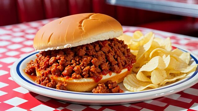 Savory sloppy joe sandwich with crispy potato chips and diner ambiance for your meal sloppy joe, ground meat.
