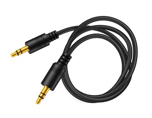 Black audio cable with gold-tipped connectors coiled against a clean white backdrop, illustrating a common electronic accessory
