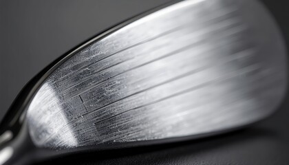 Close up of a golf club wedge face with grooves.