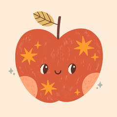 Cute red apple with little eyes and yellow stars, a green leaf branch, soft milky background, hand drawn doodle vector with cozy colors for kids design, sticker, poster, card, banner, invitation
