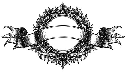Black and white vintage graphic features a circular floral wreath with a blank ribbon banner through the center for text, and decorative ribbon ends