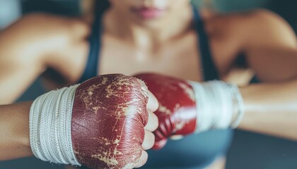 Woman boxer with red gloves and hand wraps ready to fight.