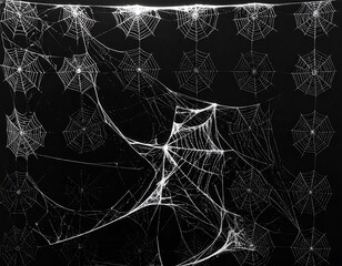 Black background filled with realistic, intricate spider webs. Some webs are individual, others connect and overlap. Spooky