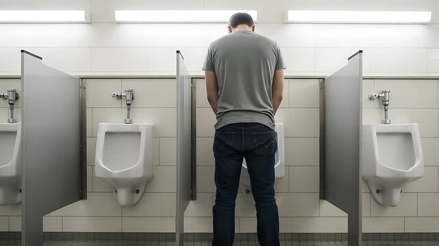 man back view at urinals in a public restroom with partitions