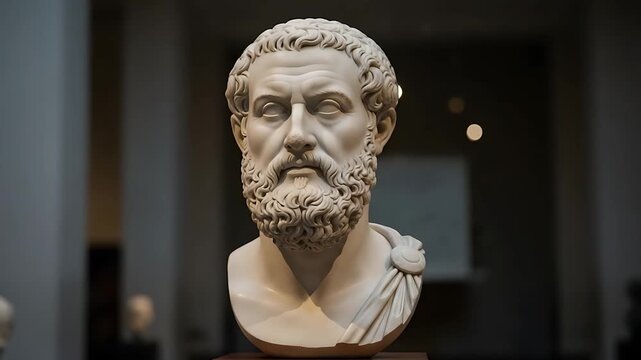 marble bust statue in museum hall, classical portrait sculpture