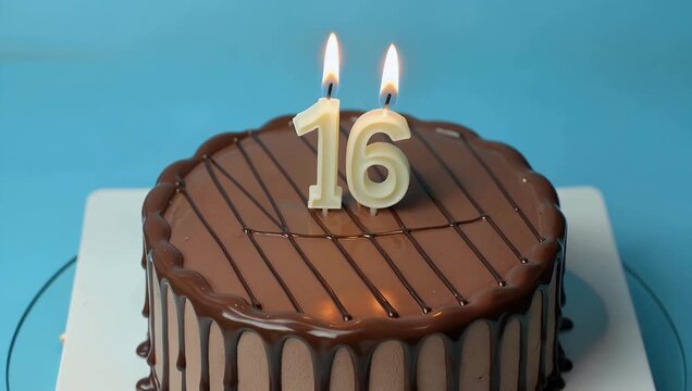 festive 4k birthday scene showing chocolate cake topped with burning number sixteen candle set against clean blue background offering bright space for text celebration mes and youthful