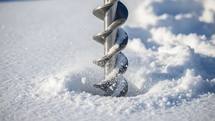 Close up of an ice auger drilling into frozen water during winter fishing.