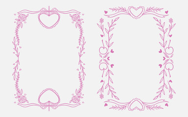 Set of whimsical line art coquette pink border frame with bow ribbon, floral branches, cherry illustration for valentine, wedding, birthday, mother day, baby shower