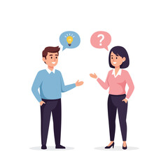 Obraz premium Man and woman discussing with thought bubbles above their heads