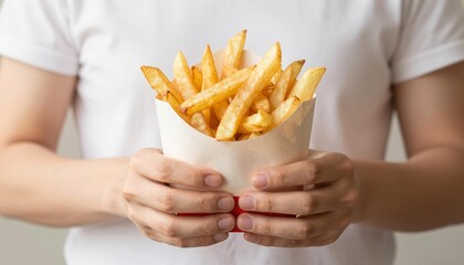 Close-up of hands holding a paper sleeve of golden french fries as a casual savory snack