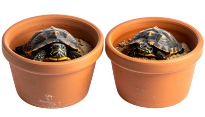 Two ornate turtles in terracotta pots filled with sand, facing forward