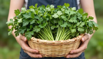 Hands holding a woven basket filled with fresh cilantro (coriander) bunches, vibrant green leafy herbs for cooking and garnish