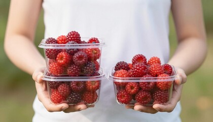 Hands holding three clear plastic containers filled with ripe red raspberries against a blurred outdoor background