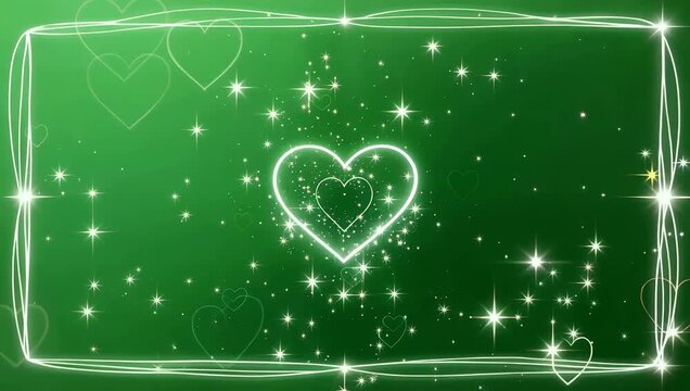 delicate 4K motion graphic featuring thin glowing white border adorned with twinkling stars and animated hearts set on green background for romantic or celebratory