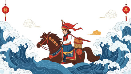 Naklejka premium Illustration of a warrior riding a horse through waves, holding a drum, with red lanterns and CNY decorations in the background, conveying a festive and dynamic mood.