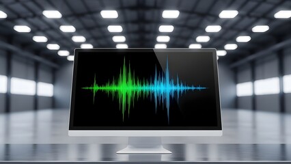 Computer Monitor Displaying Vibrant Sound Waveform in Modern Industrial Setting.
