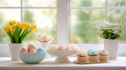 Charming Pastel-Themed Easter Celebration Table Set Near a Garden with Colorful Cupcakes, Fresh Flowers, and Decorative Easter Eggs