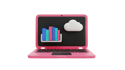 3D Pink Laptop with Books and Cloud Icon