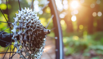 Close-up of bicycle gears with a blurred natural background and sun flare, highlighting the intricate mechanics of a mountain bikes drivetrain.