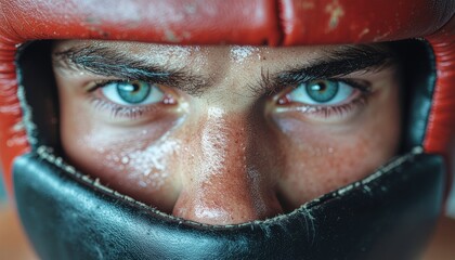 Intense Gaze of a Boxer in Red Headgear.